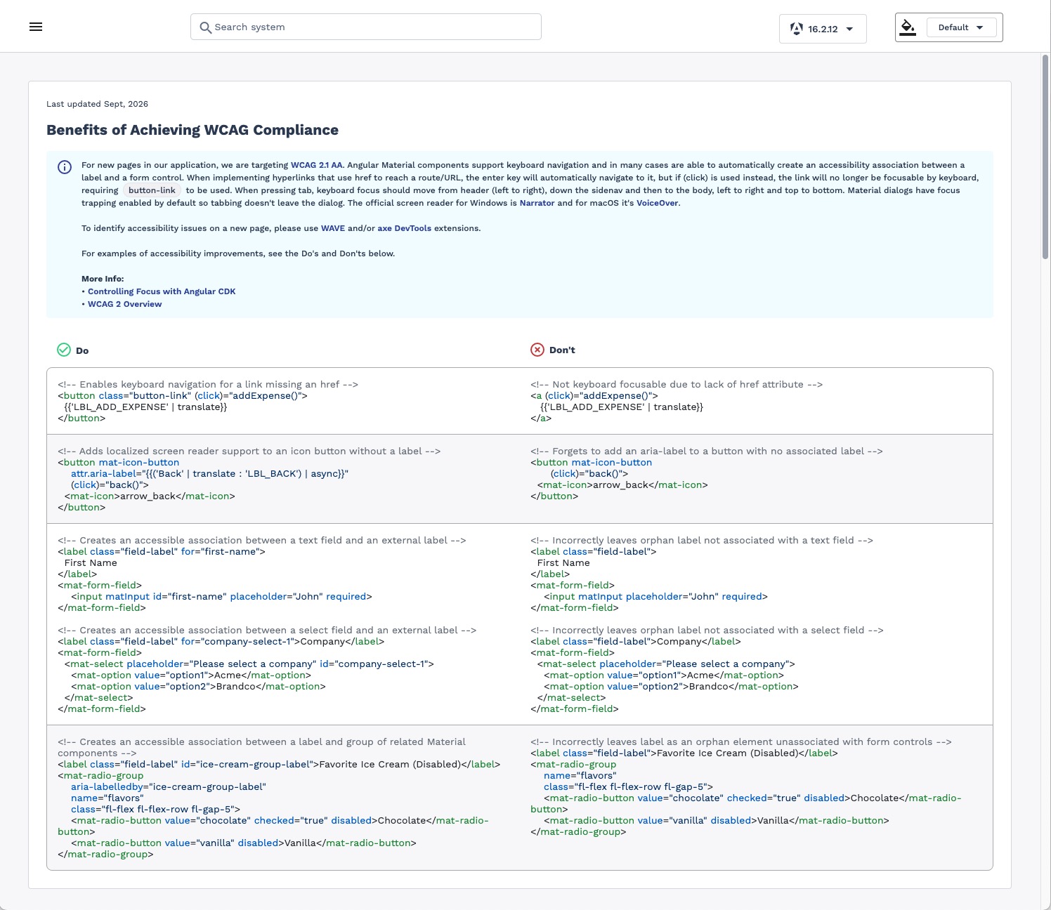 Accessibility guidance page with WCAG 2.1 AA notes and side-by-side Do and Don’t Angular code examples.