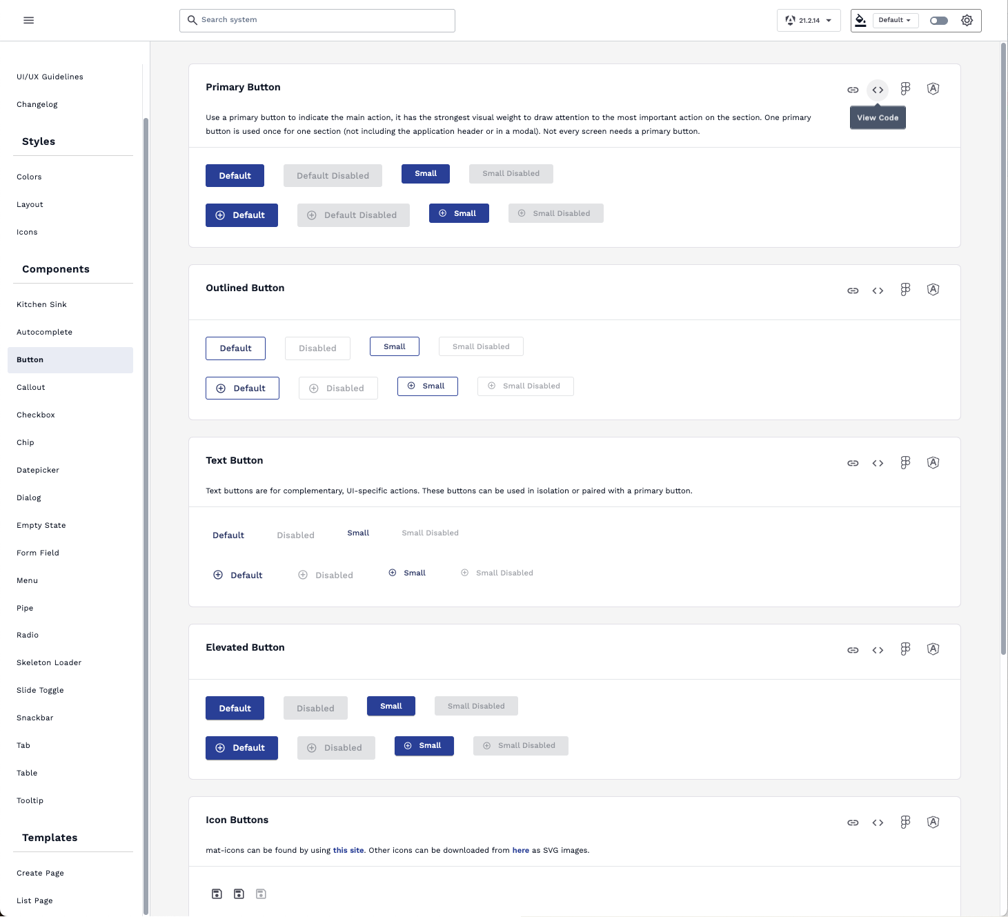 Design system docs showing primary, outlined, text, and elevated button variants with disabled states.