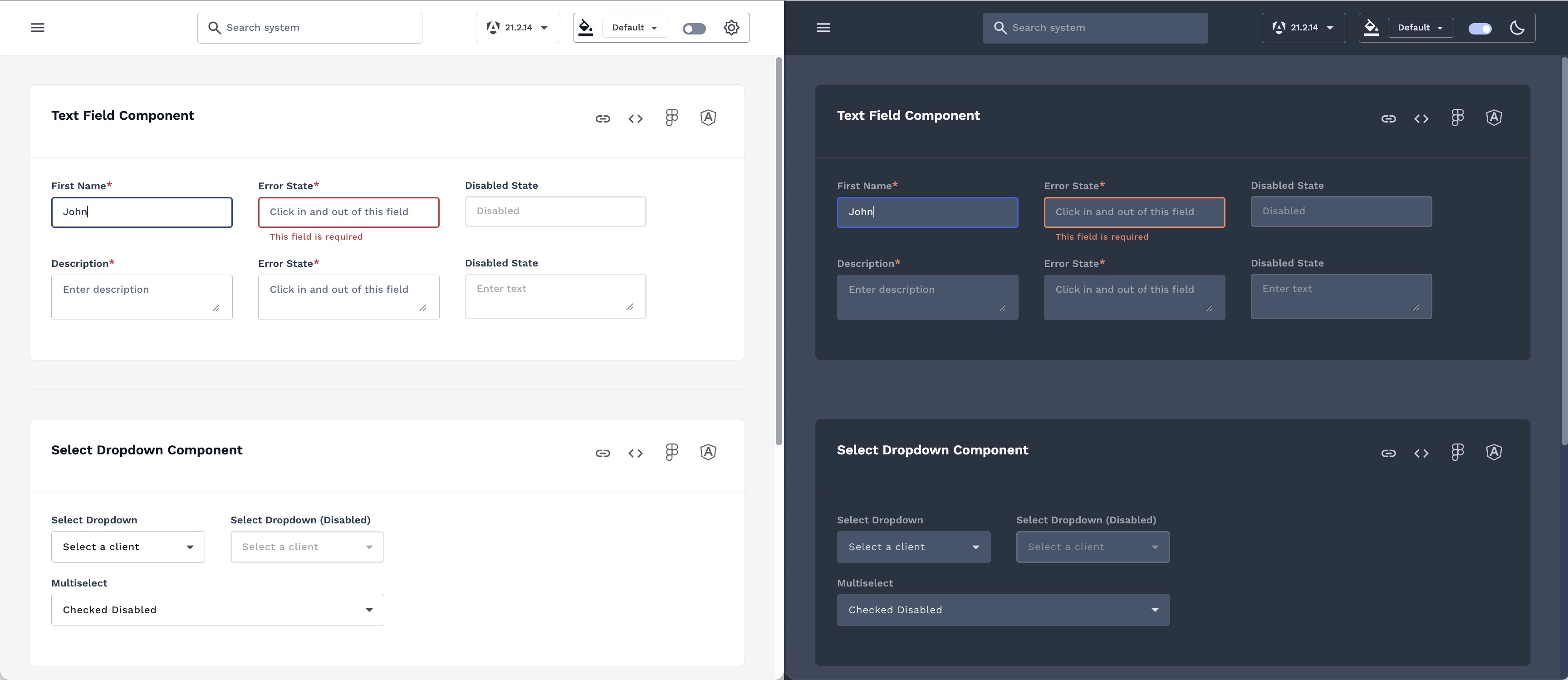 Form components shown side by side in light and dark mode, including text fields with error and focus states, selects, and a multiselect.