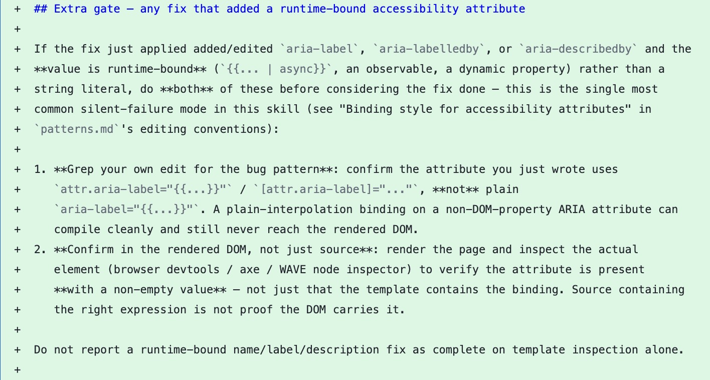 Diff adding a verification gate to the Claude skill that requires runtime-bound ARIA attributes to use attr. binding and be confirmed in the rendered DOM.